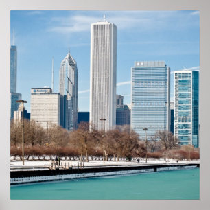 Chicago skyline across frozen Lake Michigan ポスター