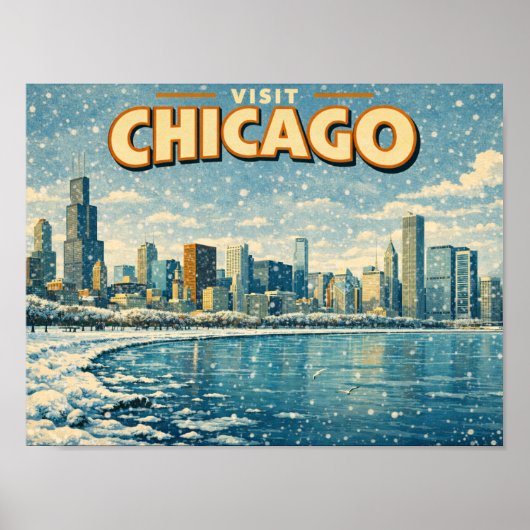 Chicago skyline and Lake Michigan in winter  ポスター (正面)