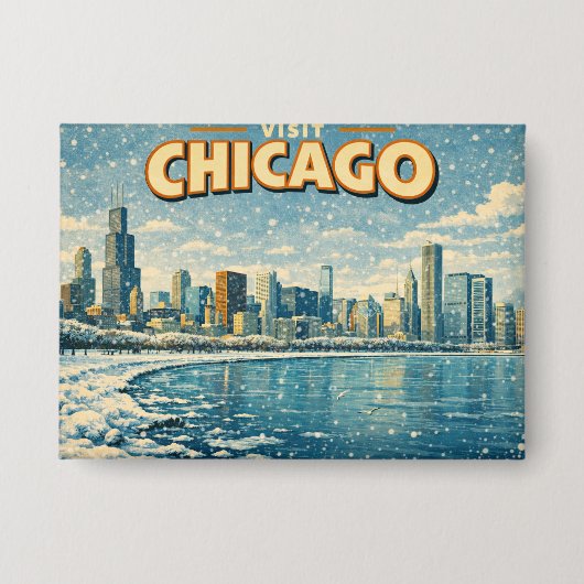 Chicago skyline and Lake Michigan in winter  缶バッジ (正面)