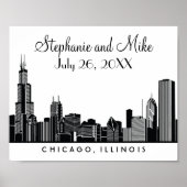 Chicago Skyline Black Wedding Reception Welcome ポスター (正面)