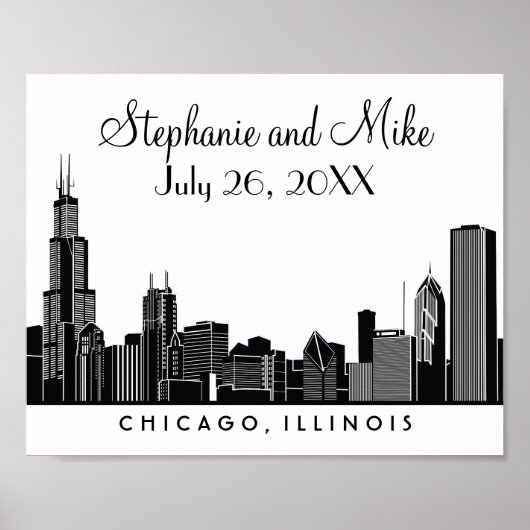 Chicago Skyline Black Wedding Reception Welcome ポスター (正面)