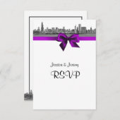 Chicago Skyline Etched BW Violet RSVPメニュー 出欠カード (正面/裏面)
