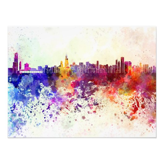 Chicago skyline in watercolor background フォトプリント            (正面)