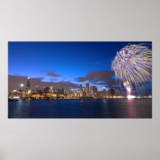 Chicago Skyline Poster with Fireworks ポスター (正面)