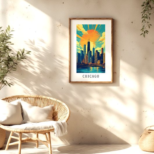 Chicago Skyline Sunset Poster ポスター