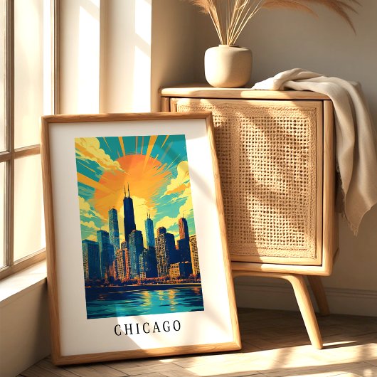 Chicago Skyline Sunset Poster ポスター