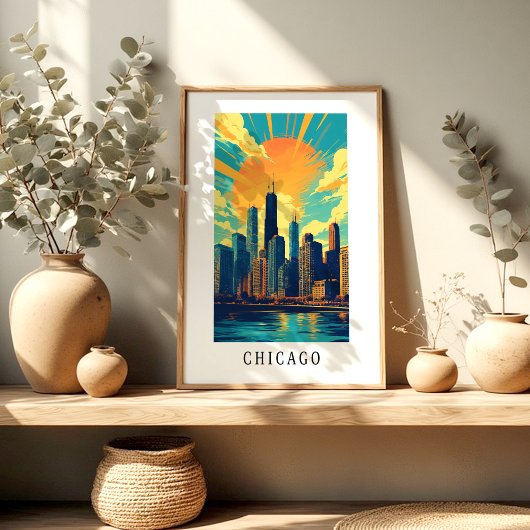 Chicago Skyline Sunset Poster ポスター