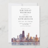 Chicago Skyline Watercolor Birthday Weekend 招待状 (正面)