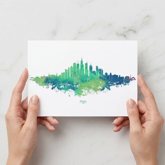 Chicago Skyline Watercolor Blue Green City Art ポストカード
