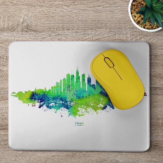Chicago Skyline Watercolor Blue & Lime Art Prints マウスパッド