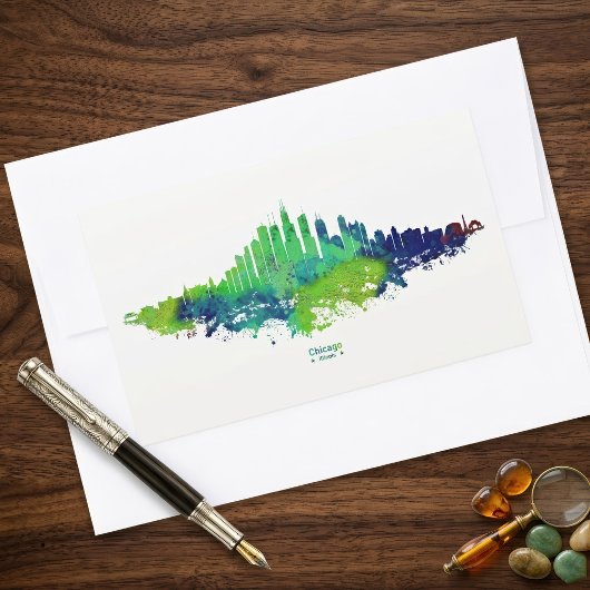 Chicago Skyline Watercolor Blue & Lime Art Prints 長方形シール