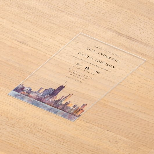Chicago Skyline Watercolor Destination Wedding アクリル招待状 (レイダウン)