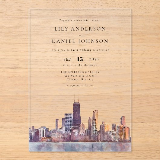 Chicago Skyline Watercolor Destination Wedding アクリル招待状 (正面)