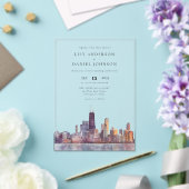 Chicago Skyline Watercolor Destination Wedding アクリル招待状 (インサイチュ (ウェディング))