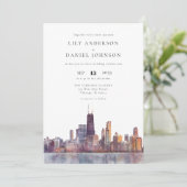 Chicago Skyline Watercolor QR Code Wedding 招待状 (スタンド正面)