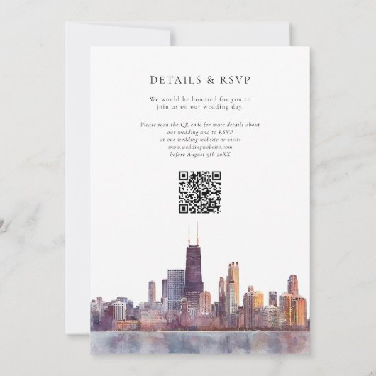 Chicago Skyline Watercolor QR Code Wedding 招待状 (裏面)