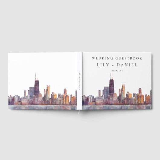 Chicago Skyline Watercolor Wedding ゲストブック (全面)