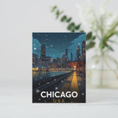Chicago USA Skyline Winter Night ポストカード (スタンド正面)