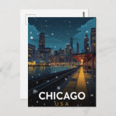 Chicago USA Skyline Winter Night ポストカード (正面/裏面)
