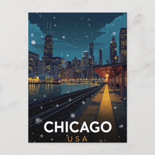 Chicago USA Skyline Winter Night ポストカード (正面)