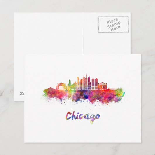 Chicago V2 skyline in watercolor ポストカード (正面/裏面)
