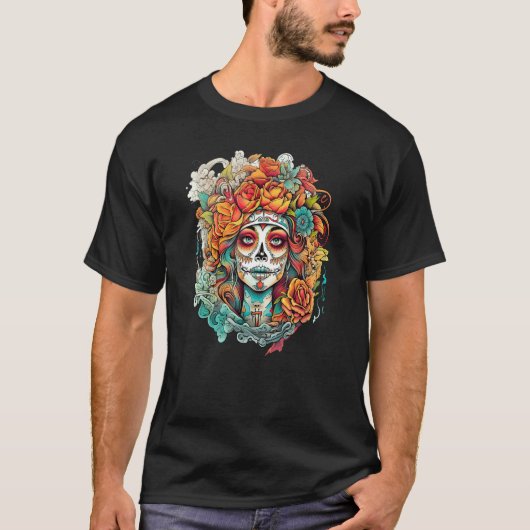 Chicano Girl Mexico Flowers Death Pretty 2 Tシャツ (正面)
