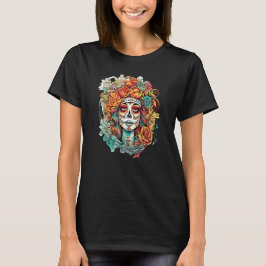 Chicano Girl Mexico Flowers Death Pretty 2 Tシャツ (正面)