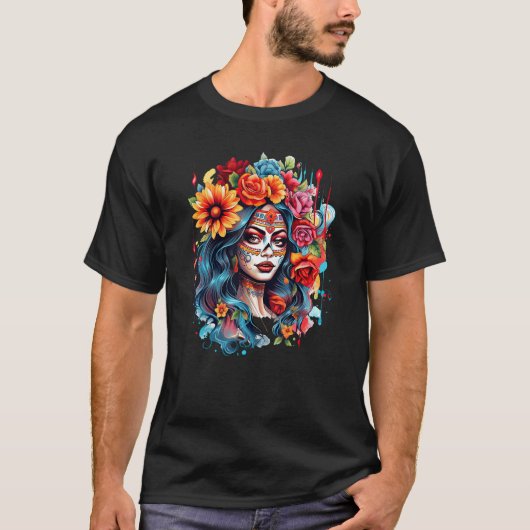 Chicano Girl Mexico Flowers Death Pretty 8 Tシャツ (正面)