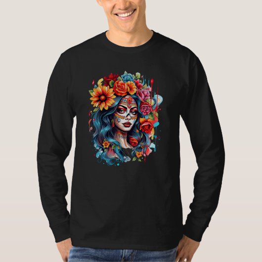 Chicano Girl Mexico Flowers Death Pretty 8 Tシャツ (正面)