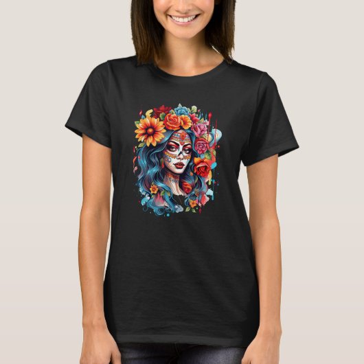 Chicano Girl Mexico Flowers Death Pretty 8 Tシャツ (正面)