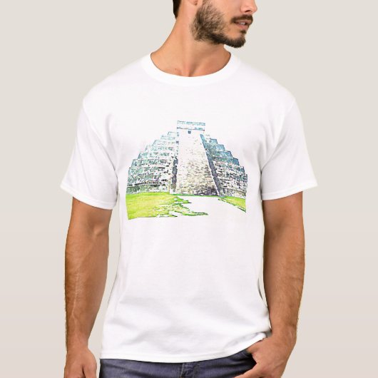 Chichen Itzaの水彩画のデザインのピラミッド Tシャツ (正面)