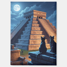 Chichen Itza Mexico Nightで猫 マグネット