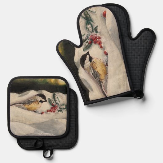 Chick-a-Dee with Mistletoe 鍋つかみ&鍋敷きセット (正面/裏面)