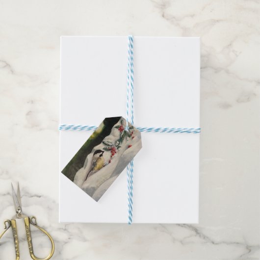 Chick-a-Dee with Mistletoe Folded Card (Blank) ギフトタグ (より糸つき)
