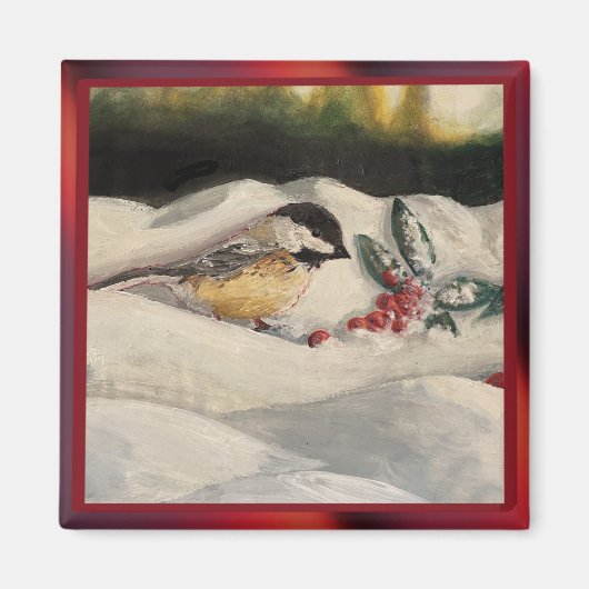 Chick-a-Dee with Mistletoe Folded Card (Blank) マグネット (正面)