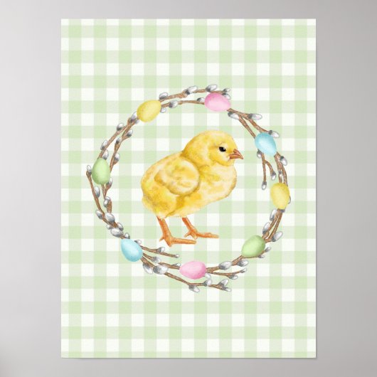 Chick And Colorful Willow Wreath Green Easter ポスター (正面)