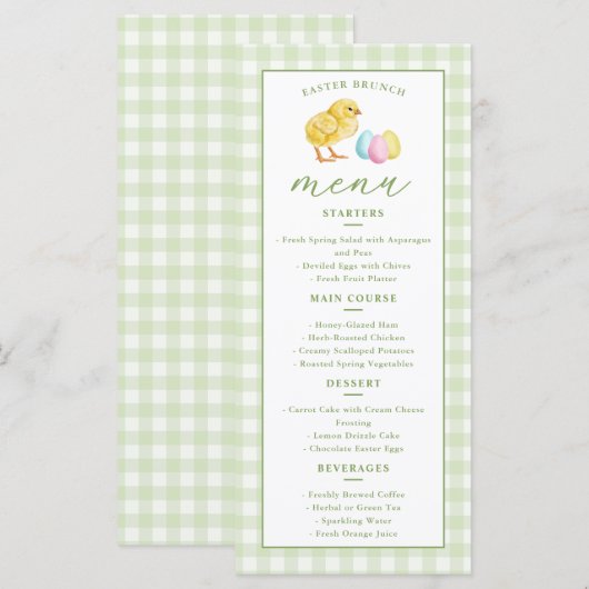 Chick And Pastel Eggs Green Gingham Easter Brunch メニュー (正面/裏面)