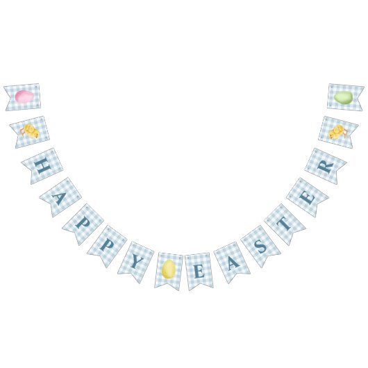 Chick And Pastel Eggs Happy Easter Blue Gingham バンティングフラッグ (全)