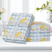 Chick And Pastel Eggs Happy Easter Blue Gingham ラッピングペーパー