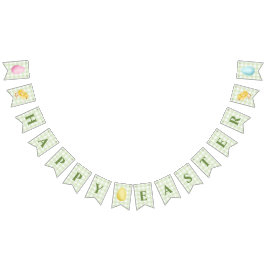 Chick And Pastel Eggs Happy Easter Green Gingham バンティングフラッグ