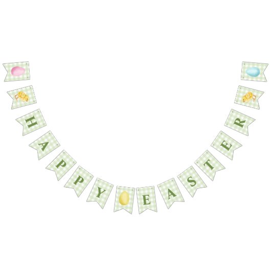 Chick And Pastel Eggs Happy Easter Green Gingham バンティングフラッグ (全)