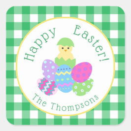 Chick Colored Eggs Green Check Happy Easter Round スクエアシール