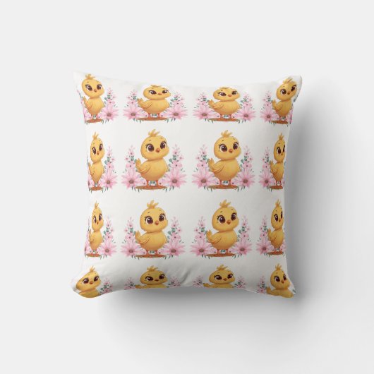 Chick with Flowers Throw Pillow クッション (正面)