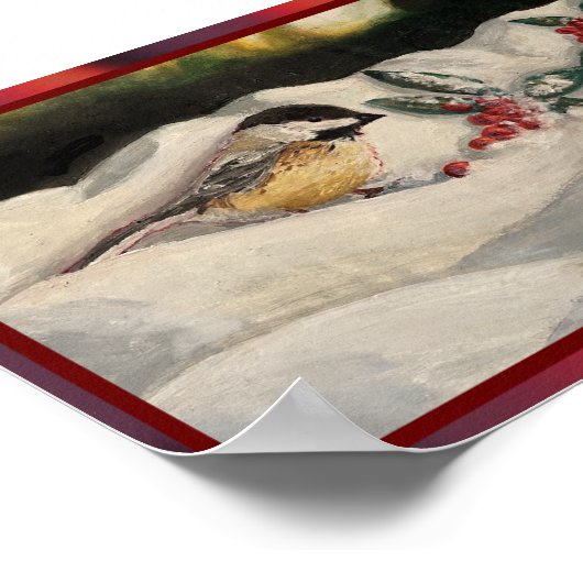 Chickadee and Mistletoe on Christmas Winter Snow P ポスター (角)