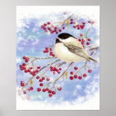 Chickadee Bird Berries Frosty Window Winter art ポスター (正面)