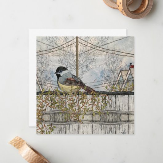 Chickadee Bird Blank Flat Note Card ノートカード (正面/裏面インサイチュ)