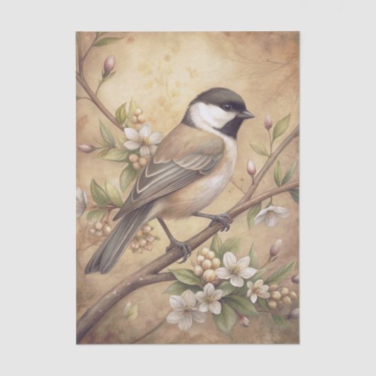 Chickadee Bird on a Branch with White Blossoms 薄葉紙 (正面)