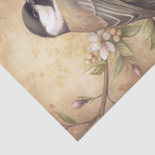 Chickadee Bird on a Branch with White Blossoms 薄葉紙 (詳細)