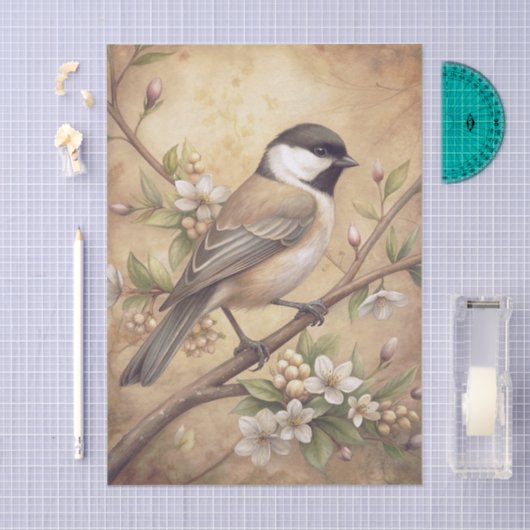 Chickadee Bird on a Branch with White Blossoms 薄葉紙 (クラフト)