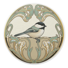 Chickadee Bird Sage Green & Gold Art Deco Nouveau セラミックノブ
